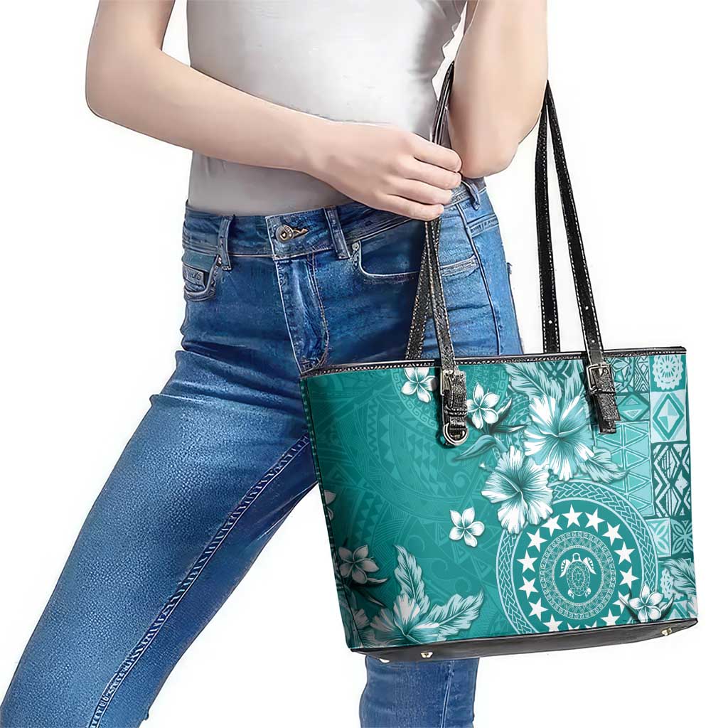 Cook Islands Leather Tote Bag Teal Hibiscus And Stars