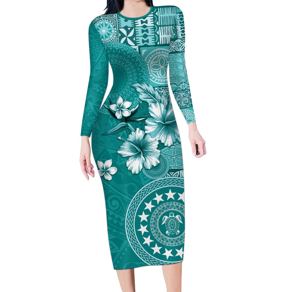 Cook Islands Long Sleeve Bodycon Dress Teal Hibiscus And Stars