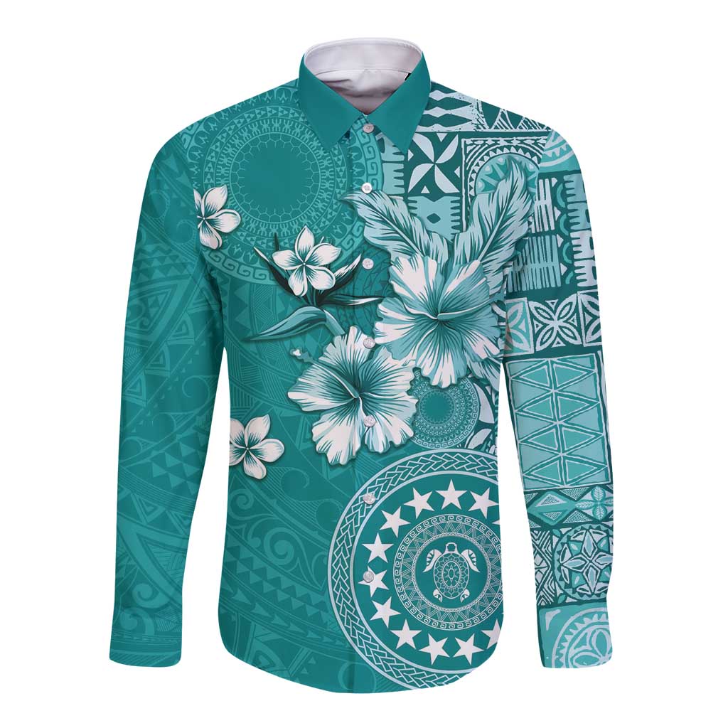 Cook Islands Long Sleeve Button Shirt Teal Hibiscus And Stars LT05 Unisex Teal - Polynesian Pride