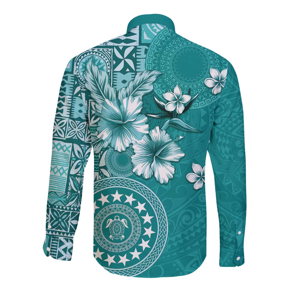 Cook Islands Long Sleeve Button Shirt Teal Hibiscus And Stars LT05 - Polynesian Pride