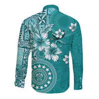 Cook Islands Long Sleeve Button Shirt Teal Hibiscus And Stars LT05 - Polynesian Pride