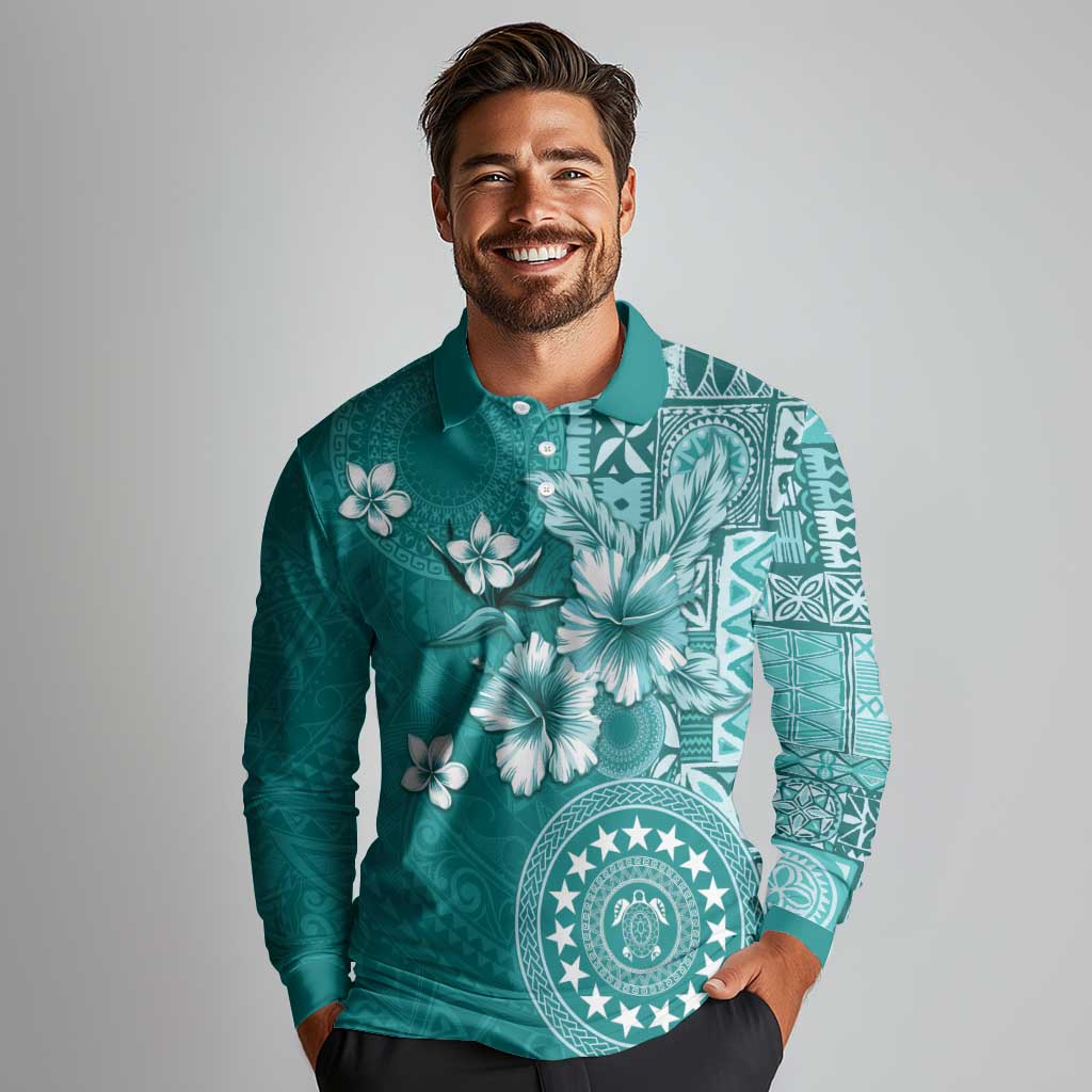 Cook Islands Long Sleeve Polo Shirt Teal Hibiscus And Stars