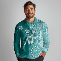 Cook Islands Long Sleeve Polo Shirt Teal Hibiscus And Stars