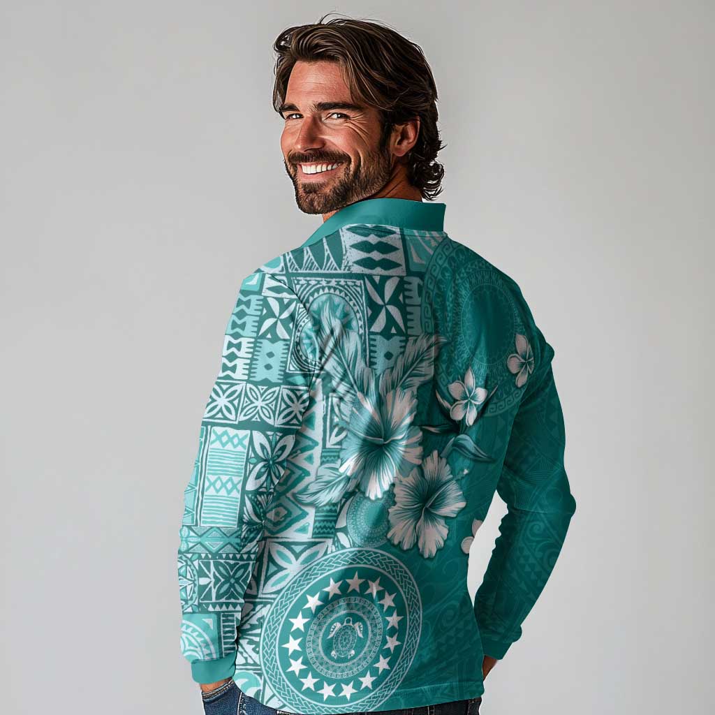 Cook Islands Long Sleeve Polo Shirt Teal Hibiscus And Stars