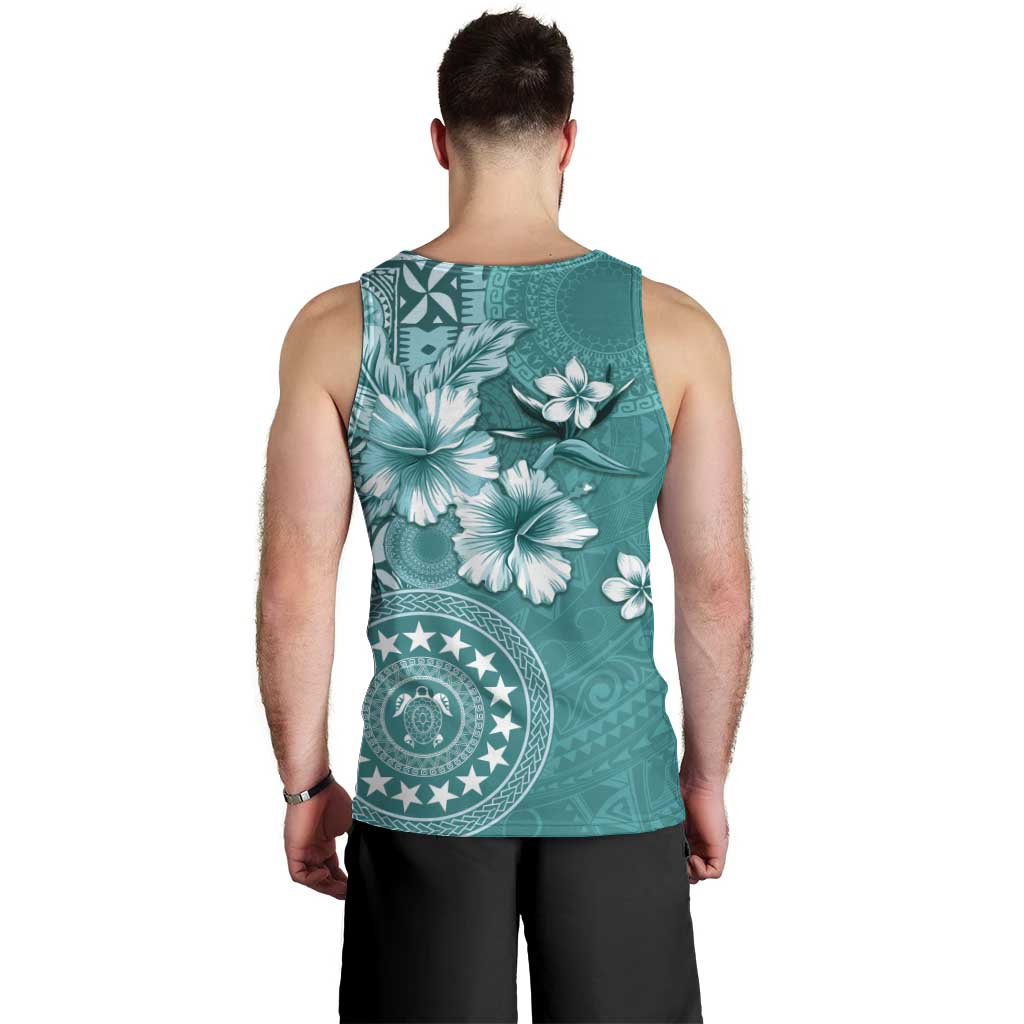 Cook Islands Men Tank Top Teal Hibiscus And Stars LT05 - Polynesian Pride