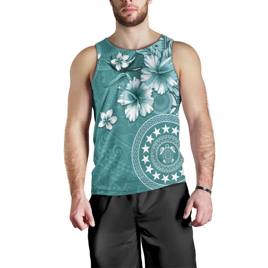 Cook Islands Men Tank Top Teal Hibiscus And Stars LT05 - Polynesian Pride