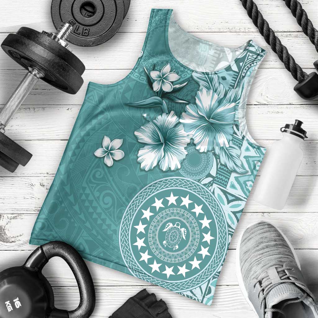 Cook Islands Men Tank Top Teal Hibiscus And Stars LT05 - Polynesian Pride