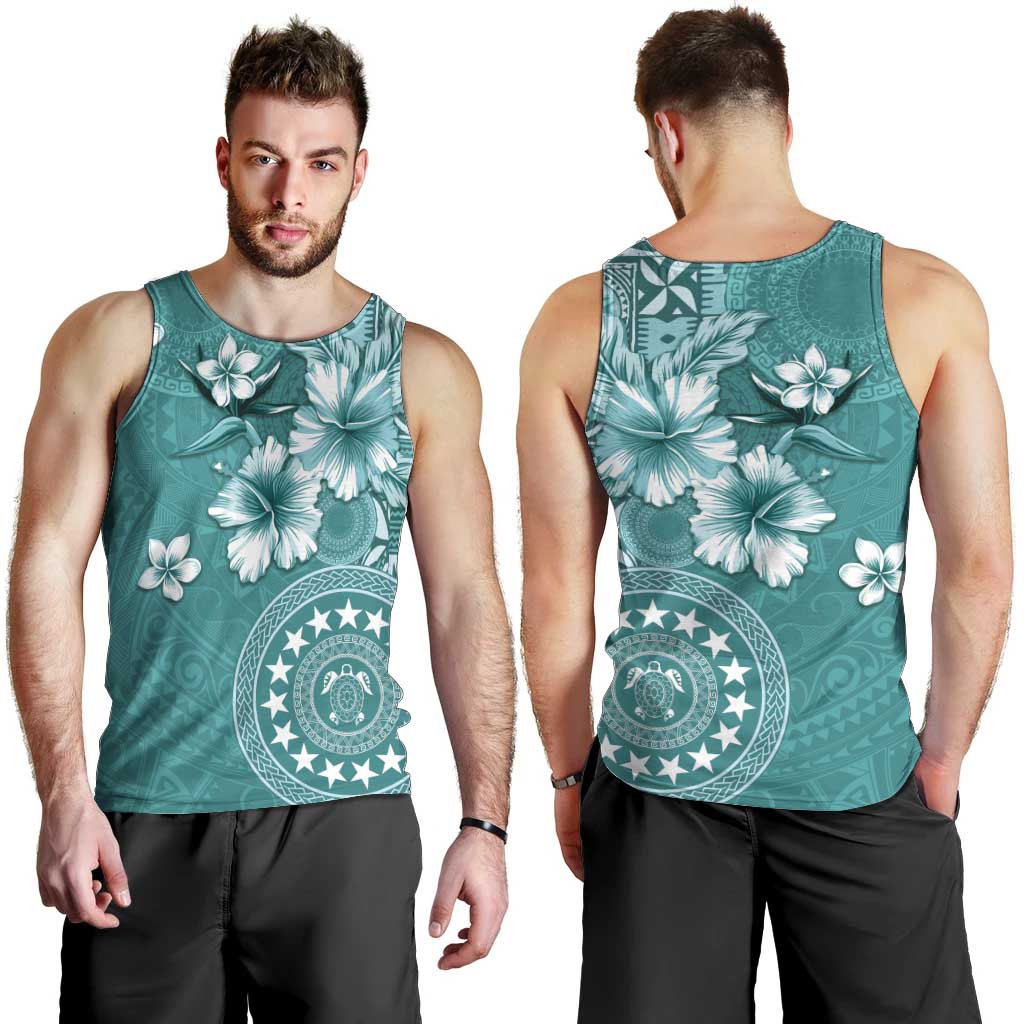 Cook Islands Men Tank Top Teal Hibiscus And Stars LT05 - Polynesian Pride