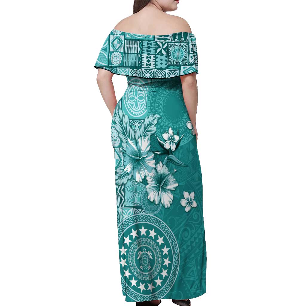Cook Islands Off Shoulder Maxi Dress Teal Hibiscus And Stars LT05 - Polynesian Pride