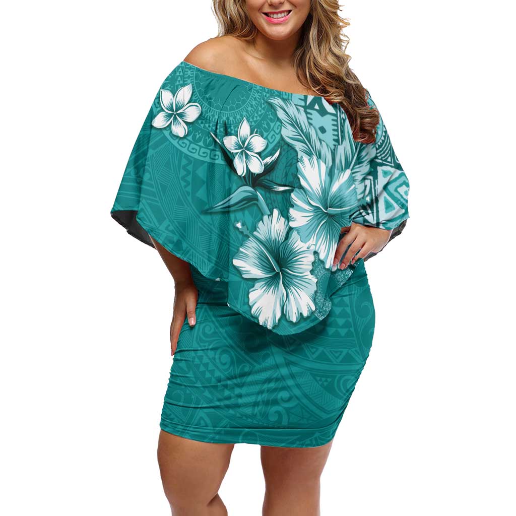 Cook Islands Off Shoulder Short Dress Teal Hibiscus And Stars LT05 Women Teal - Polynesian Pride