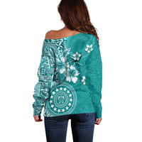 Cook Islands Off Shoulder Sweater Teal Hibiscus And Stars
