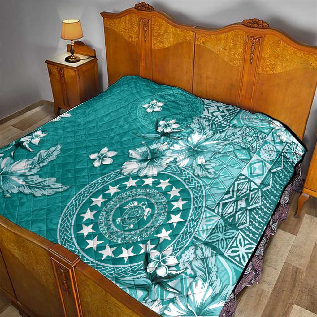 Cook Islands Quilt Teal Hibiscus And Stars