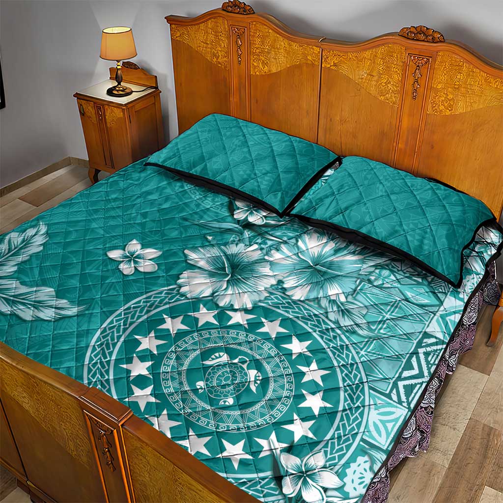 Cook Islands Quilt Bed Set Teal Hibiscus And Stars LT05 - Polynesian Pride