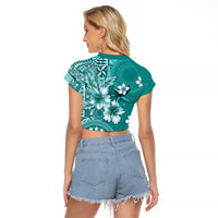 Cook Islands Raglan Cropped T Shirt Teal Hibiscus And Stars LT05 - Polynesian Pride