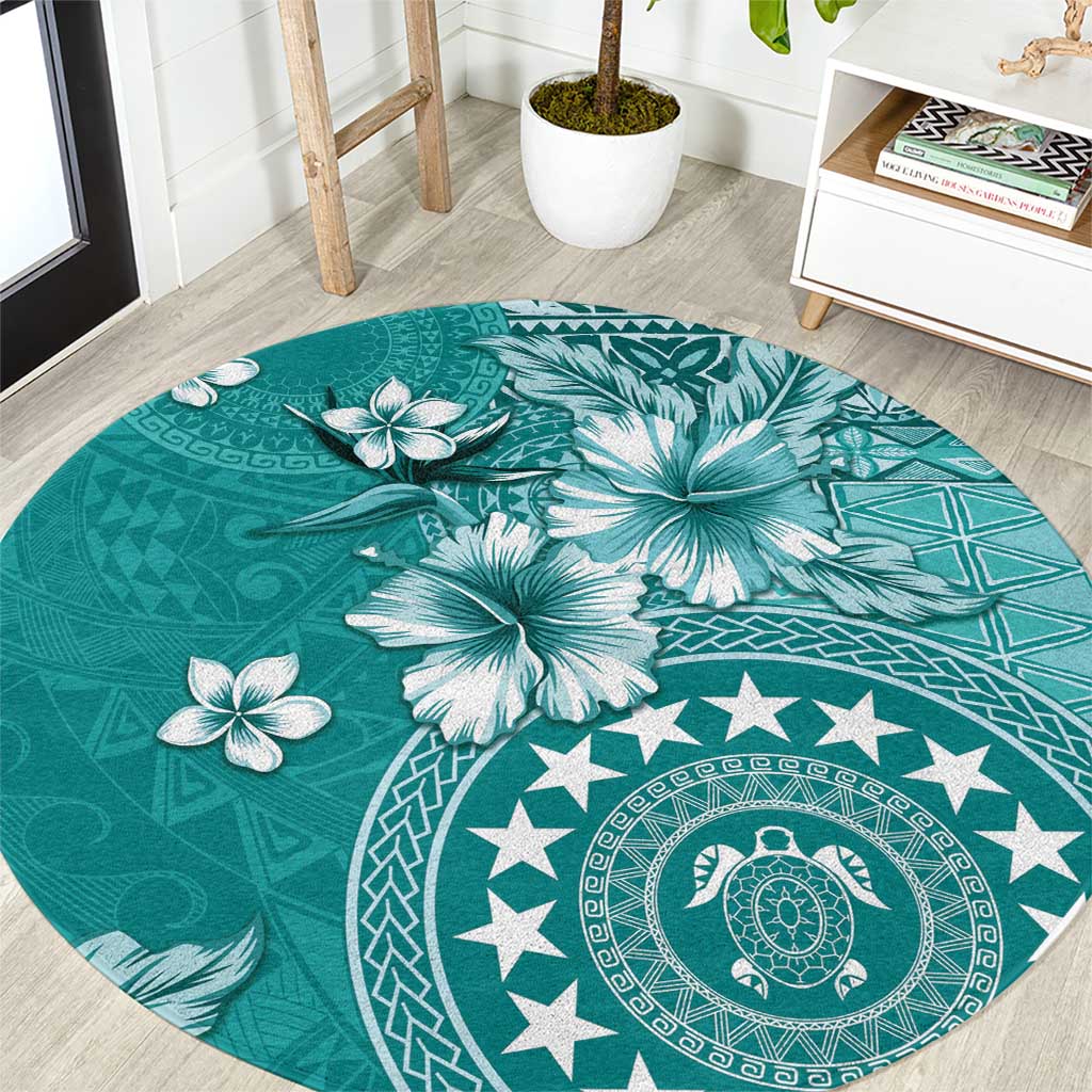 Cook Islands Round Carpet Teal Hibiscus And Stars