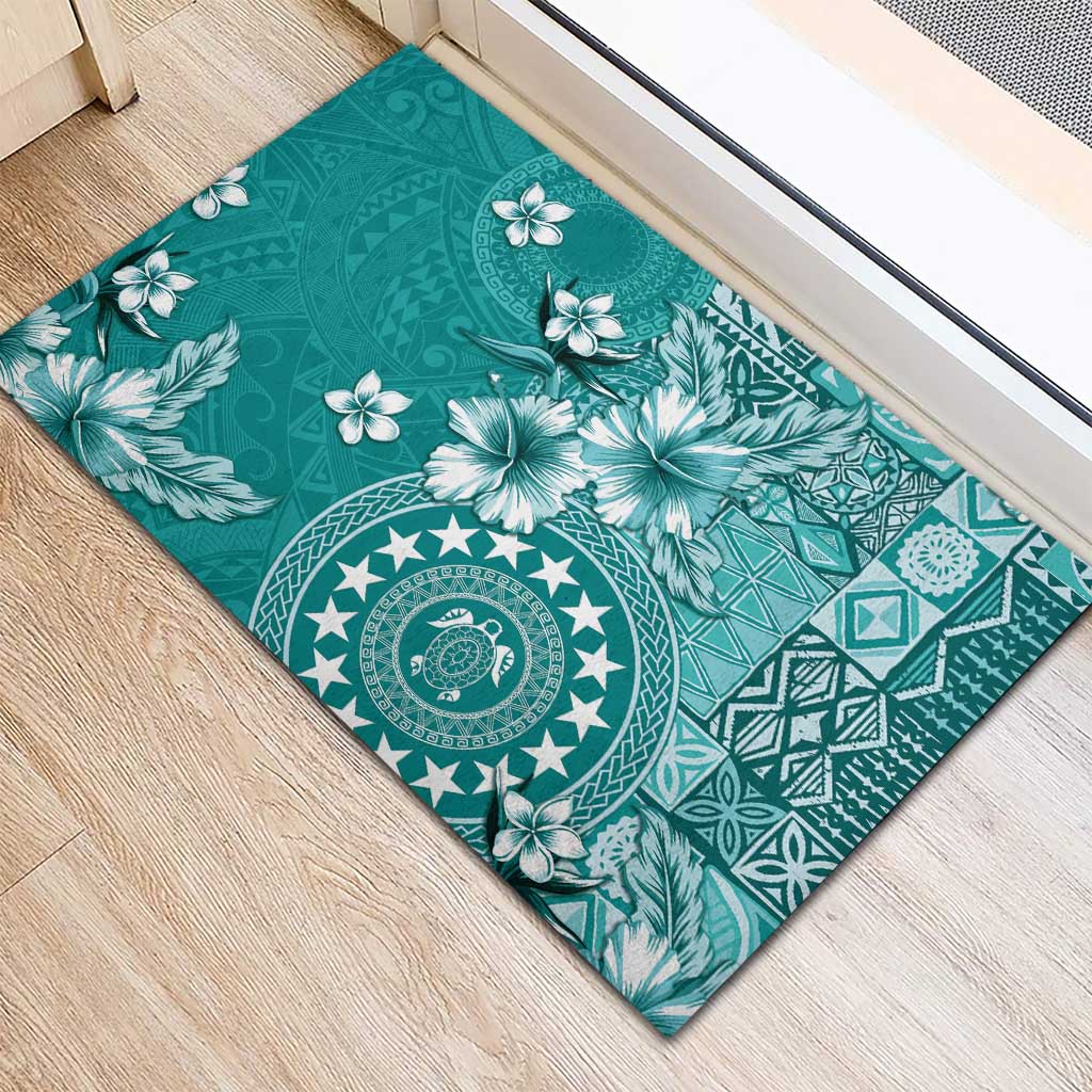 Cook Islands Rubber Doormat Teal Hibiscus And Stars LT05 - Polynesian Pride