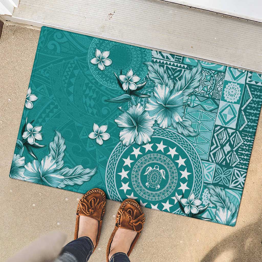 Cook Islands Rubber Doormat Teal Hibiscus And Stars LT05 - Polynesian Pride