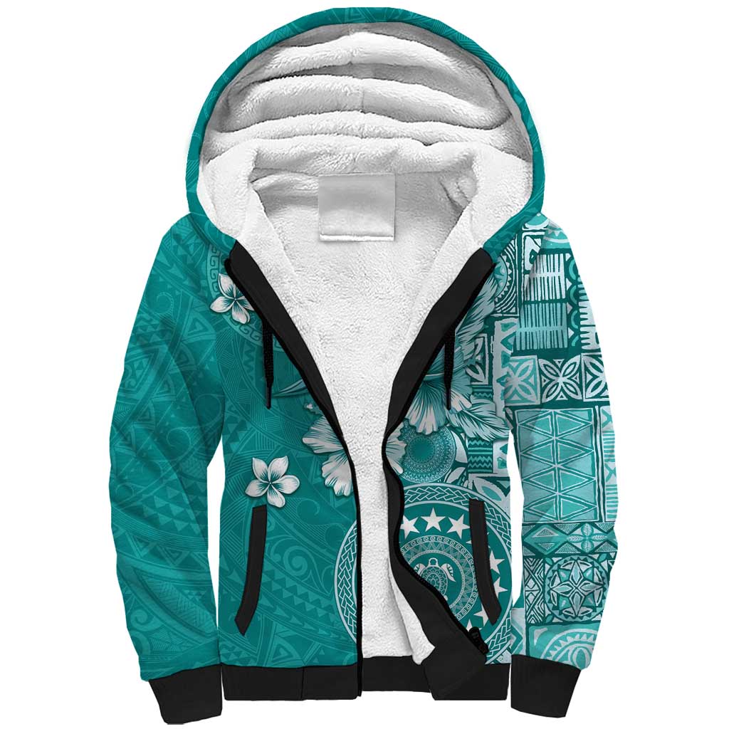 Cook Islands Sherpa Hoodie Teal Hibiscus And Stars LT05 Unisex Teal - Polynesian Pride
