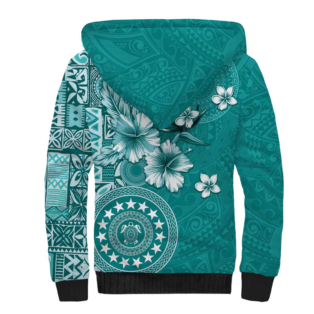 Cook Islands Sherpa Hoodie Teal Hibiscus And Stars LT05 - Polynesian Pride