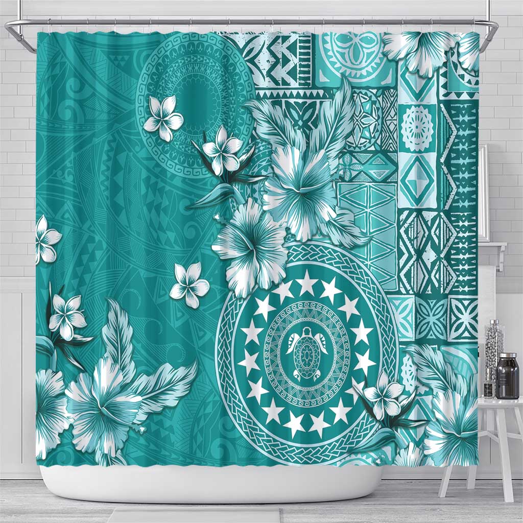 Cook Islands Shower Curtain Teal Hibiscus And Stars