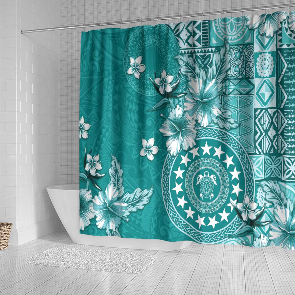 Cook Islands Shower Curtain Teal Hibiscus And Stars