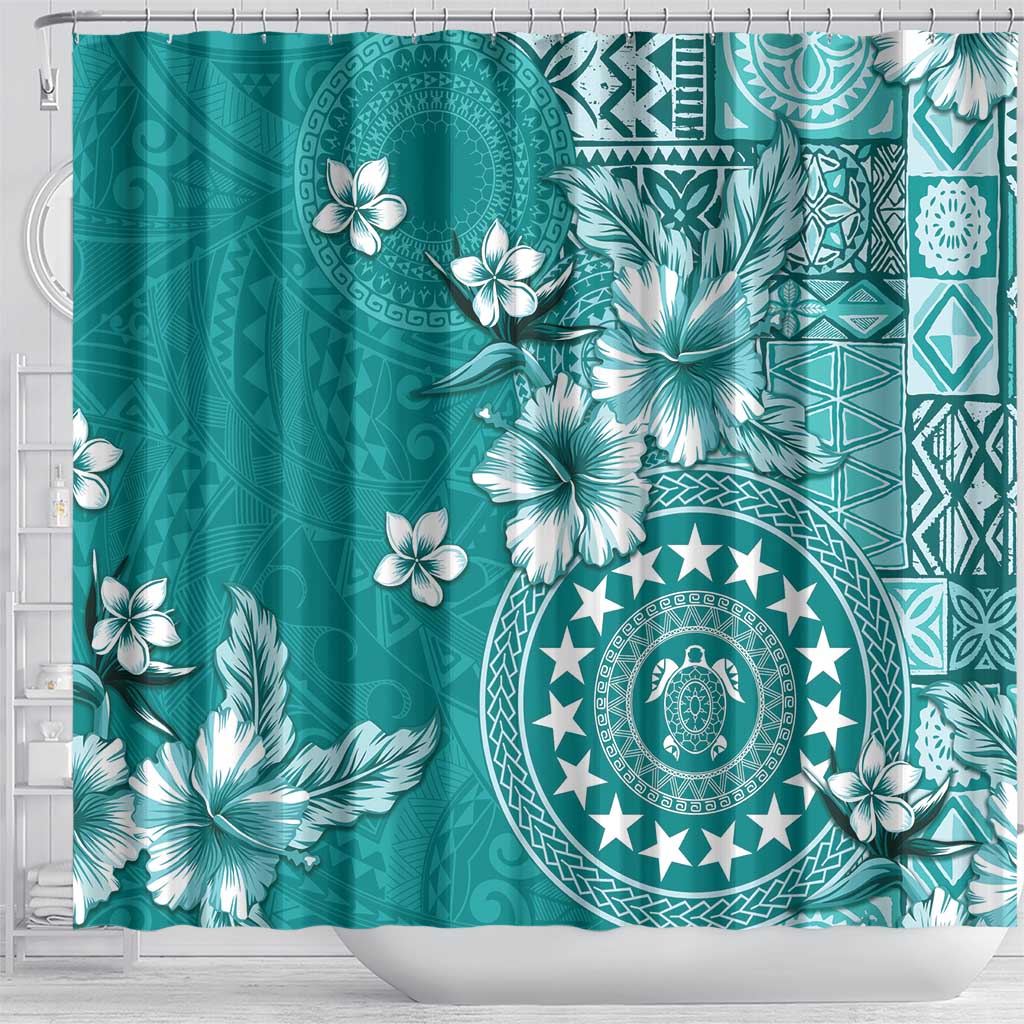 Cook Islands Shower Curtain Teal Hibiscus And Stars