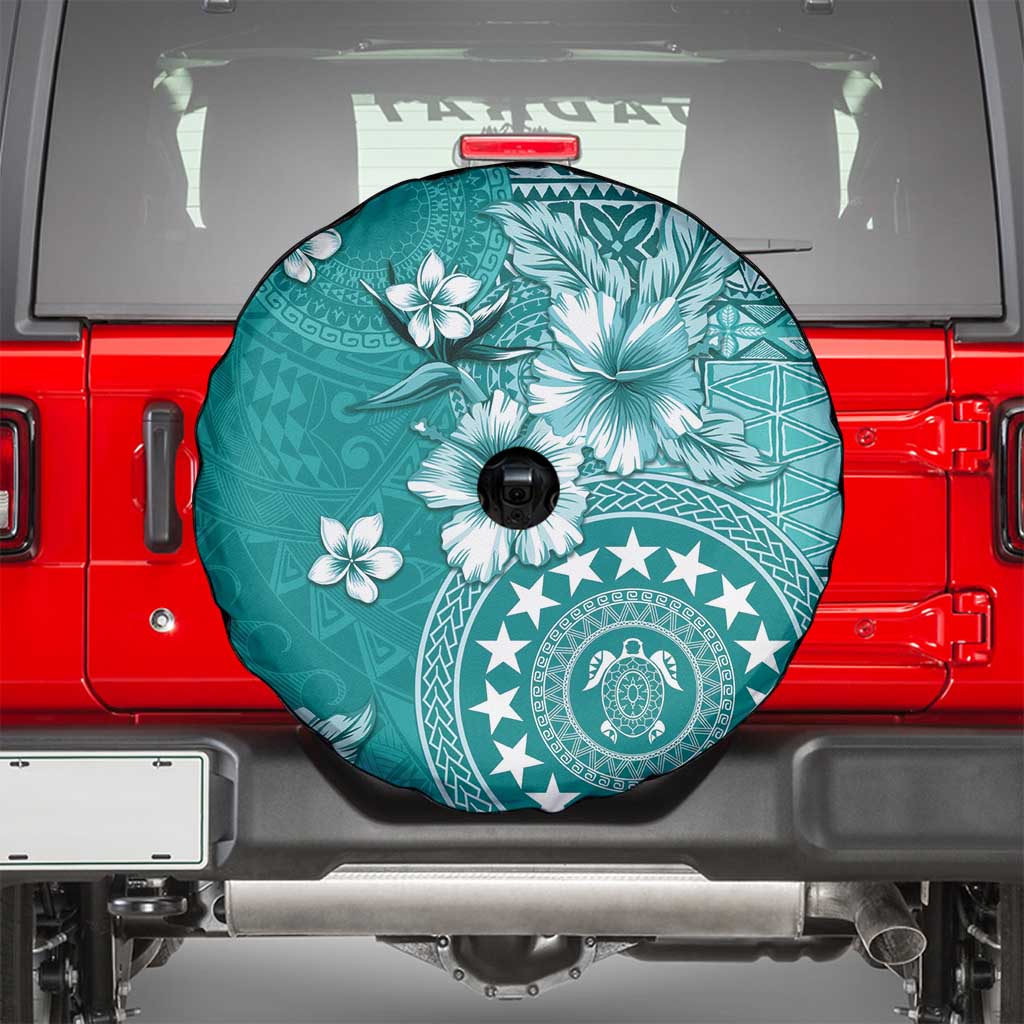 Cook Islands Spare Tire Cover Teal Hibiscus And Stars
