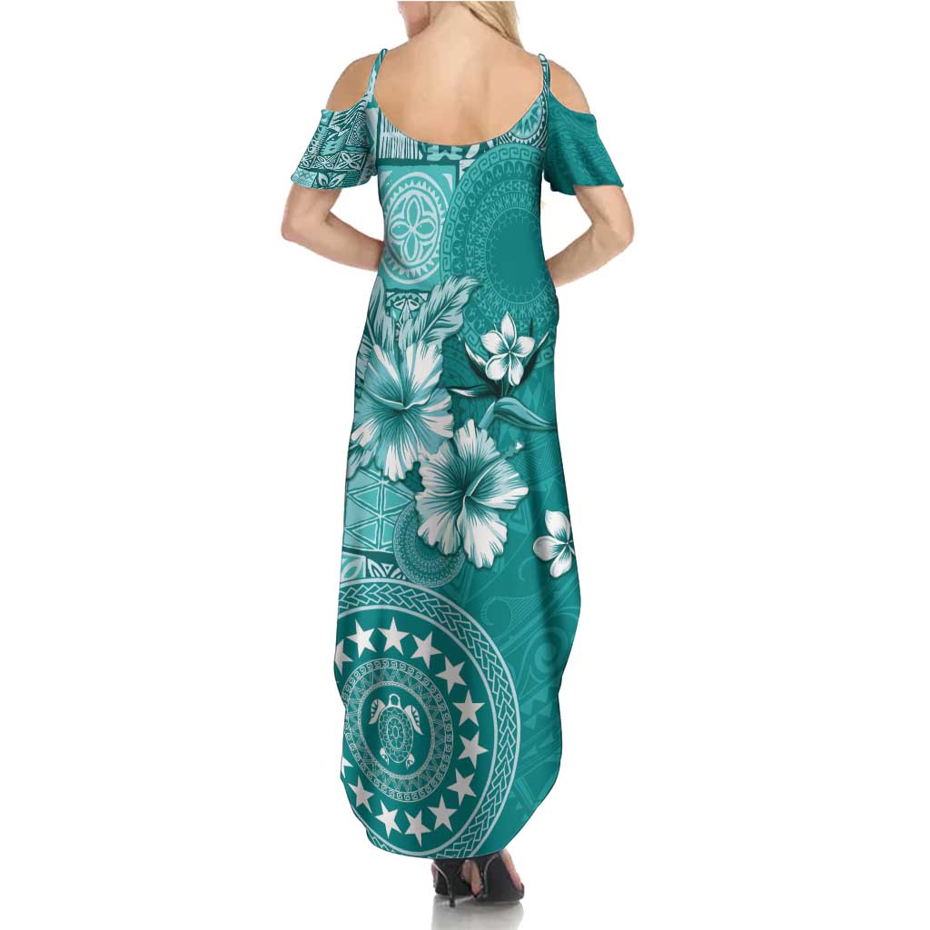 Cook Islands Summer Maxi Dress Teal Hibiscus And Stars LT05 - Polynesian Pride