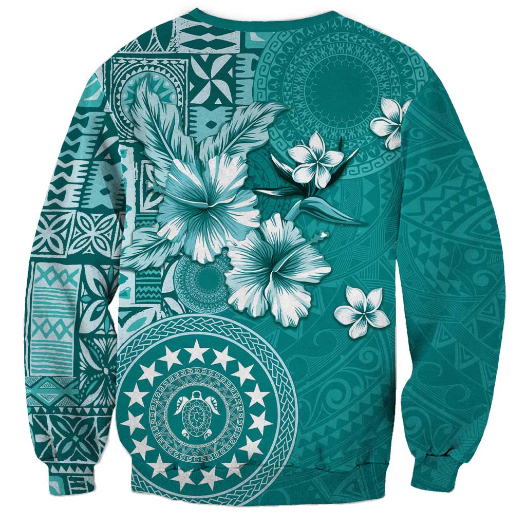 Cook Islands Sweatshirt Teal Hibiscus And Stars LT05 - Polynesian Pride