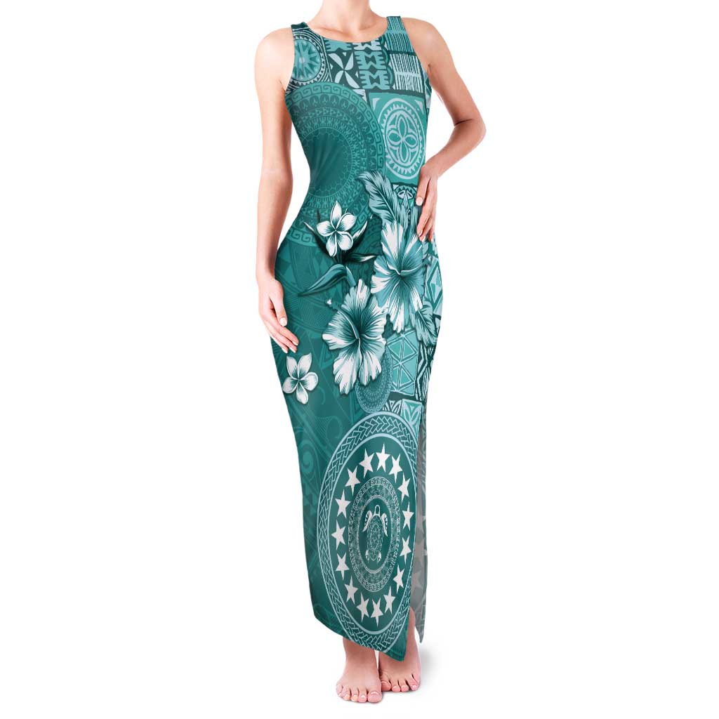 Cook Islands Tank Maxi Dress Teal Hibiscus And Stars LT05 Women Teal - Polynesian Pride