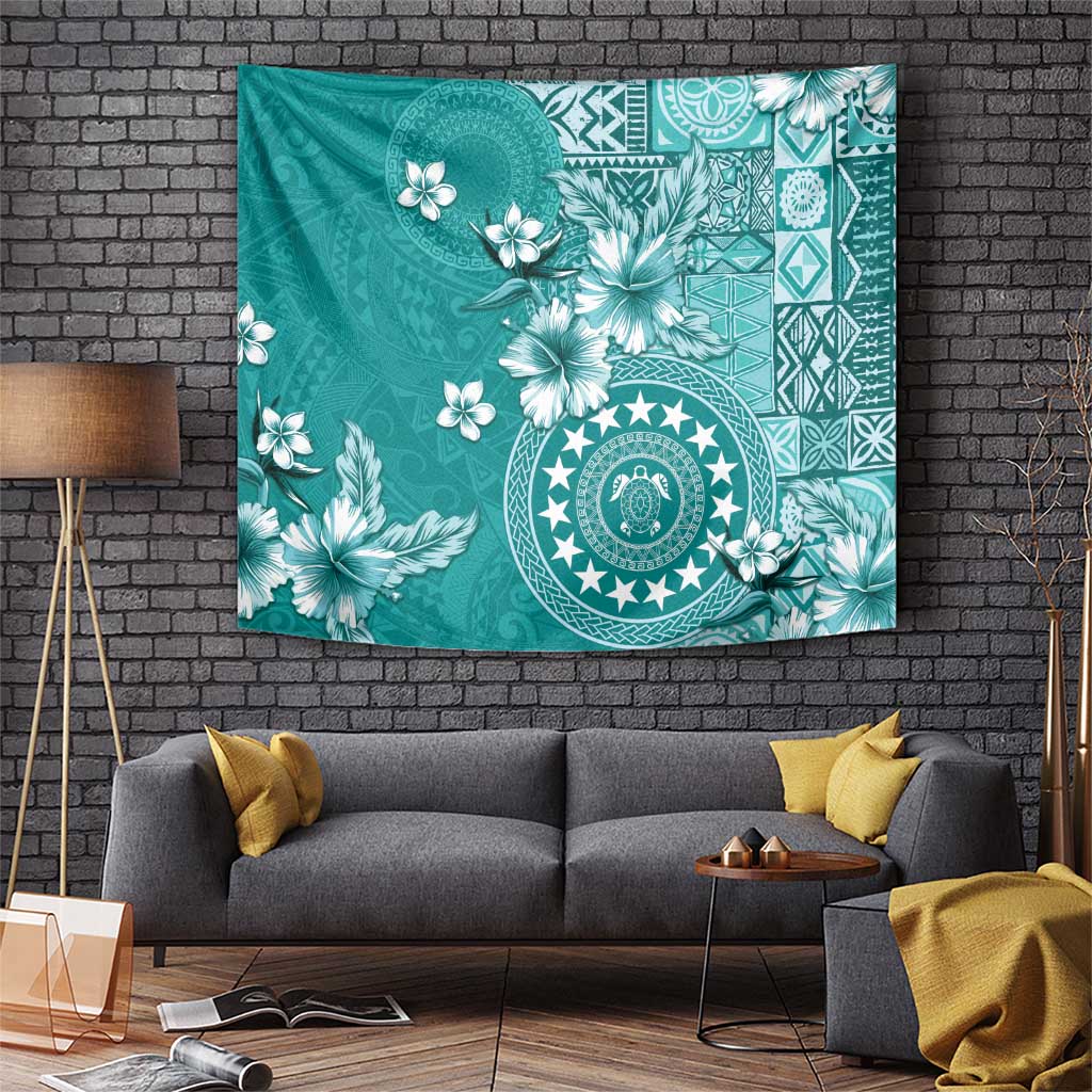 Cook Islands Tapestry Teal Hibiscus And Stars
