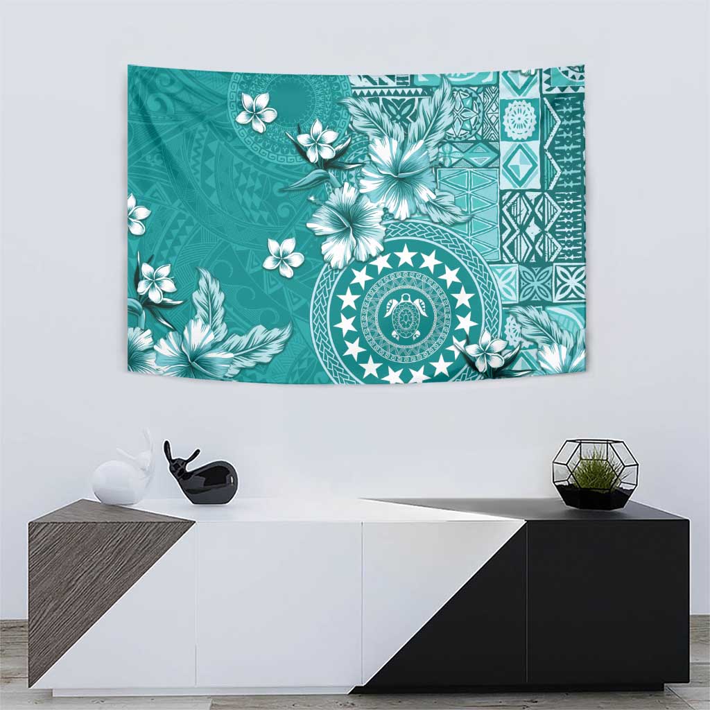 Cook Islands Tapestry Teal Hibiscus And Stars