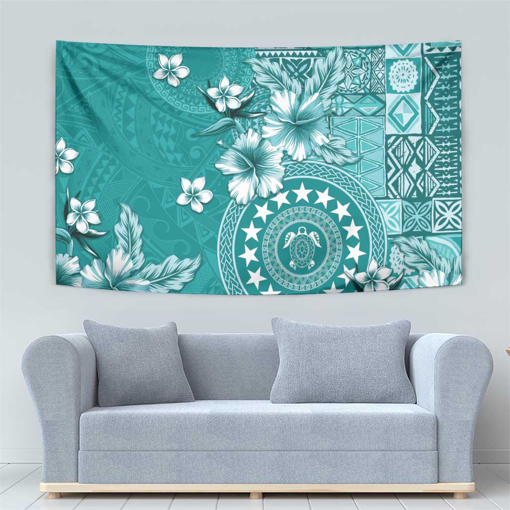 Cook Islands Tapestry Teal Hibiscus And Stars