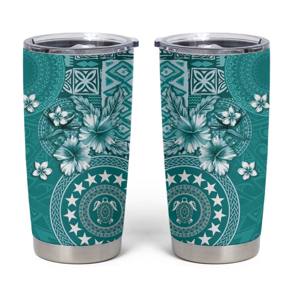 Cook Islands Tumbler Cup Teal Hibiscus And Stars LT05 Teal - Polynesian Pride