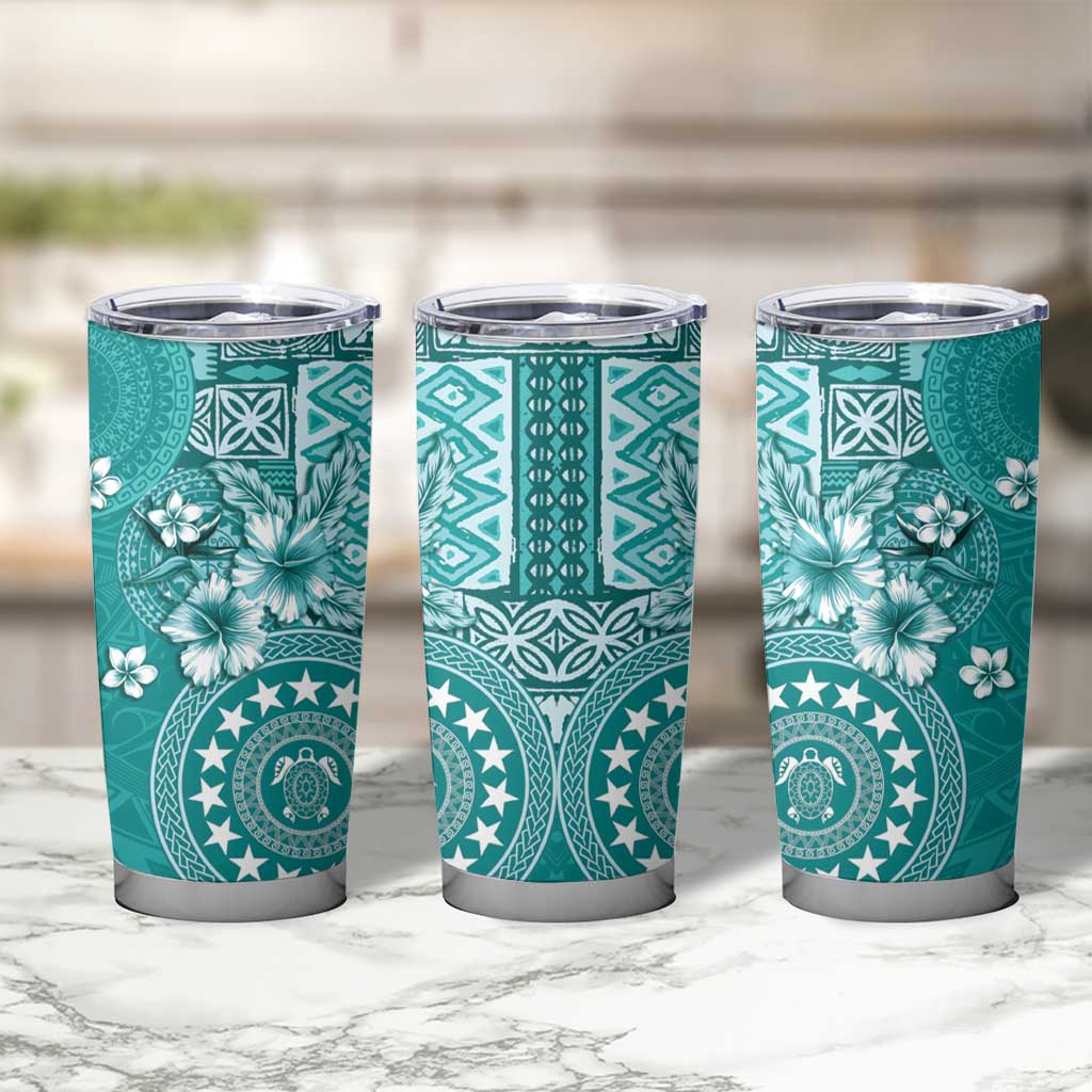 Cook Islands Tumbler Cup Teal Hibiscus And Stars LT05 - Polynesian Pride