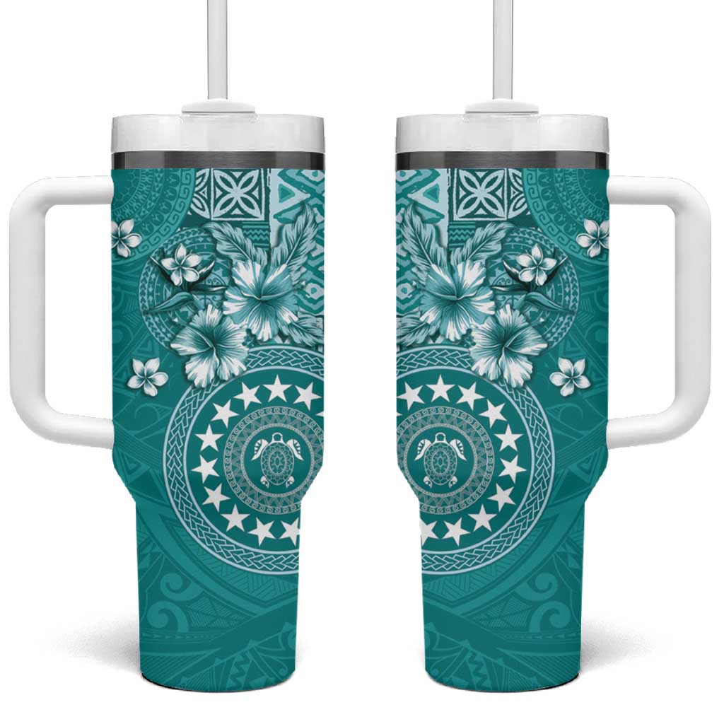 Cook Islands Tumbler With Handle Teal Hibiscus And Stars LT05 One Size: 40 oz Teal - Polynesian Pride