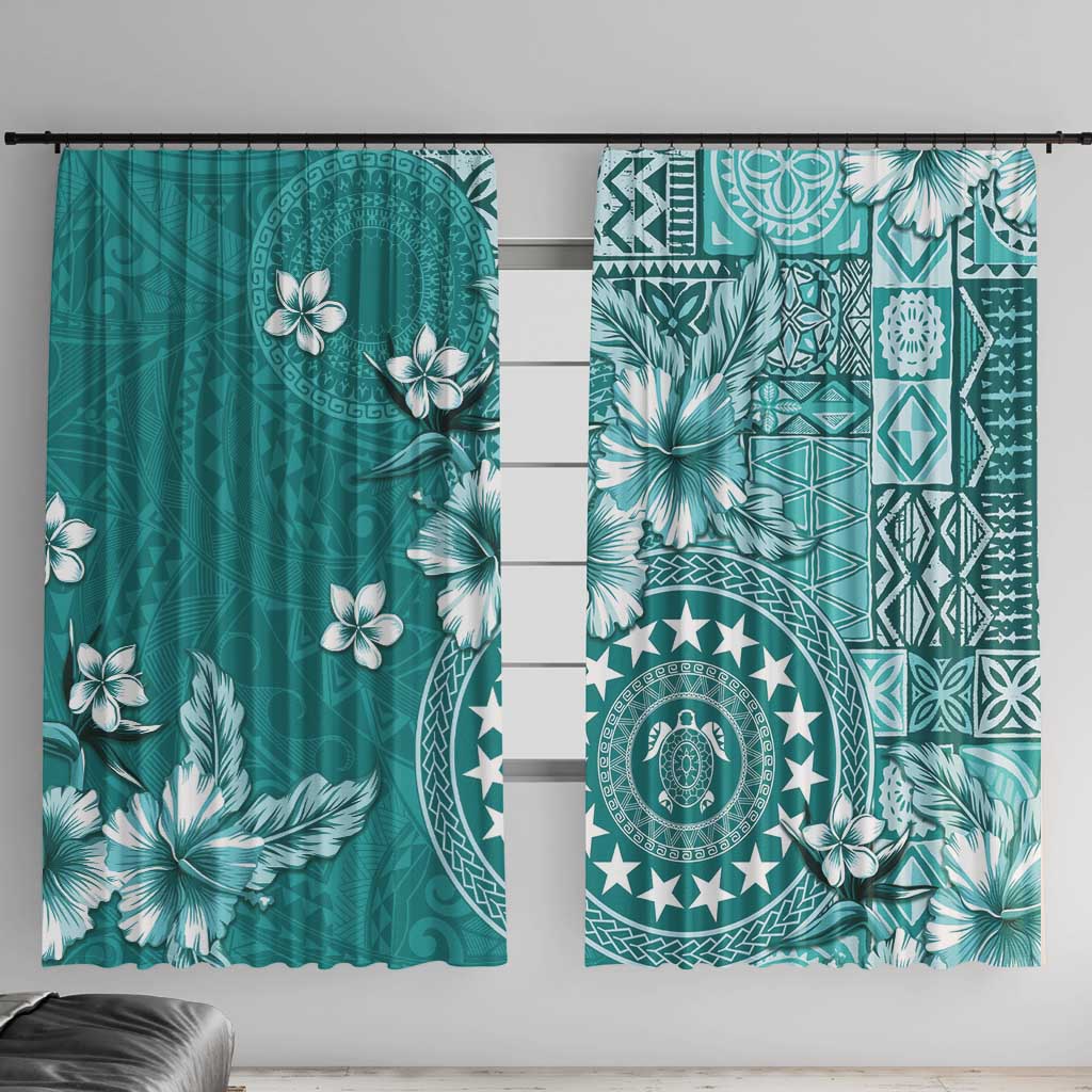 Cook Islands Window Curtain Teal Hibiscus And Stars