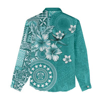 Cook Islands Women Casual Shirt Teal Hibiscus And Stars