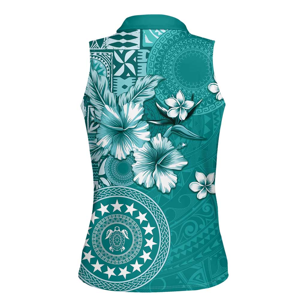 Cook Islands Women Sleeveless Polo Shirt Teal Hibiscus And Stars