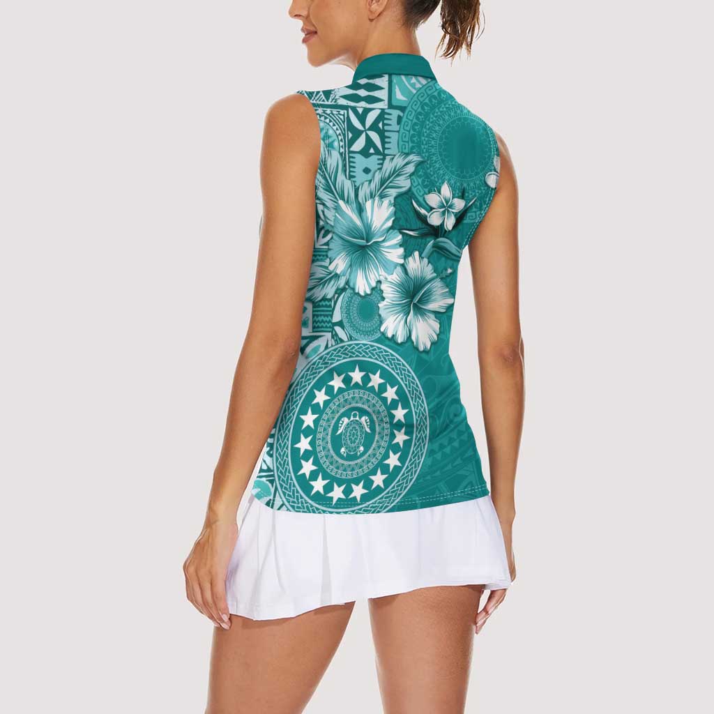 Cook Islands Women Sleeveless Polo Shirt Teal Hibiscus And Stars