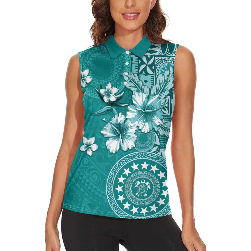 Cook Islands Women Sleeveless Polo Shirt Teal Hibiscus And Stars