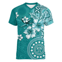 Cook Islands Women V-Neck T-Shirt Teal Hibiscus And Stars LT05 Female Teal - Polynesian Pride