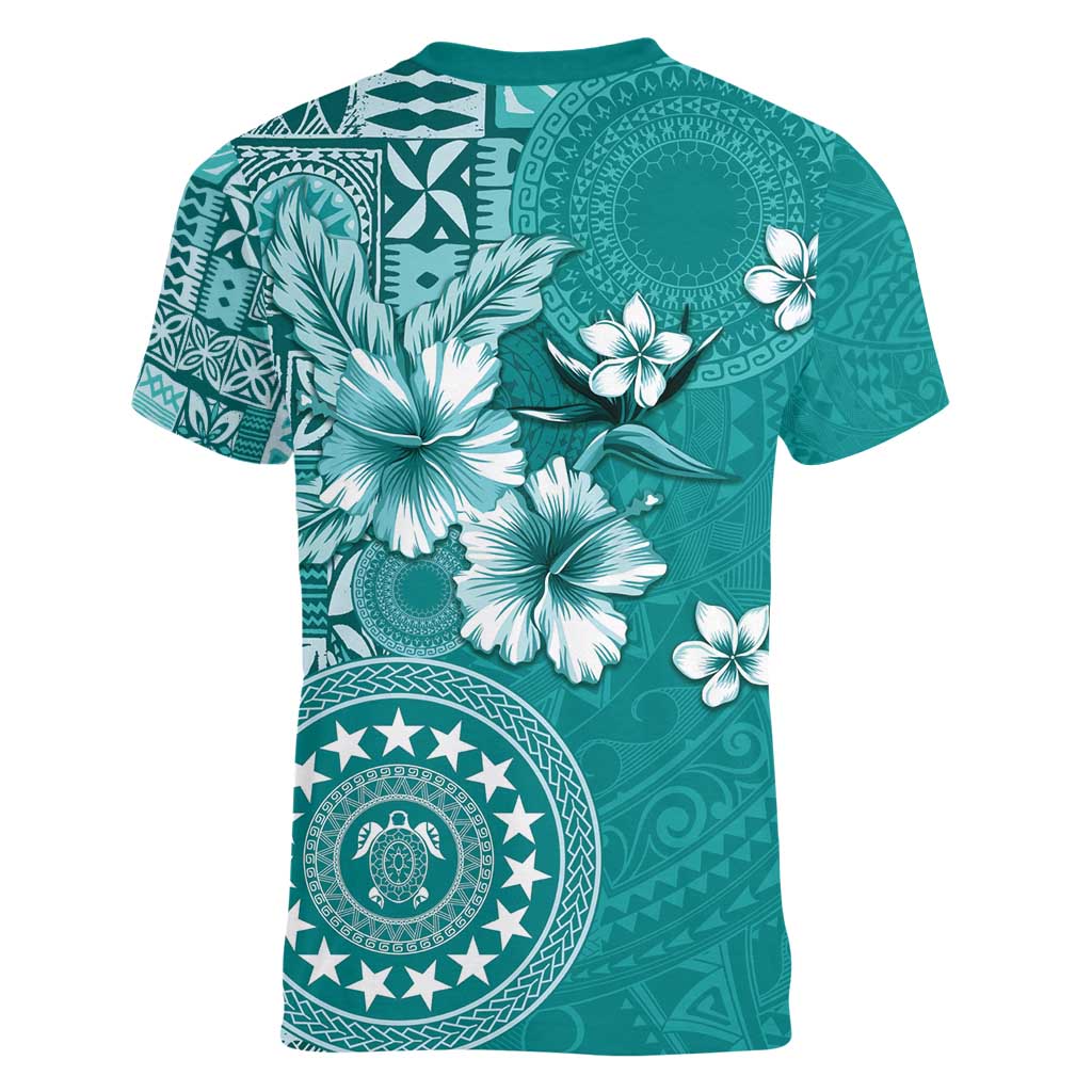 Cook Islands Women V-Neck T-Shirt Teal Hibiscus And Stars LT05 - Polynesian Pride