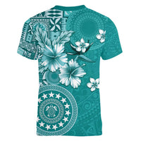 Cook Islands Women V-Neck T-Shirt Teal Hibiscus And Stars LT05 - Polynesian Pride