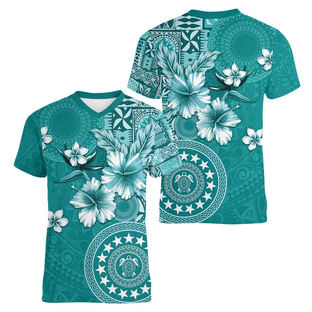 Cook Islands Women V-Neck T-Shirt Teal Hibiscus And Stars LT05 - Polynesian Pride