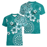 Cook Islands Women V-Neck T-Shirt Teal Hibiscus And Stars LT05 - Polynesian Pride