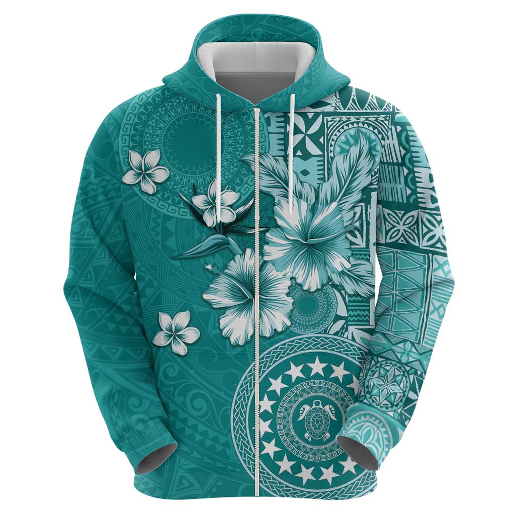 Cook Islands Zip Hoodie Teal Hibiscus And Stars