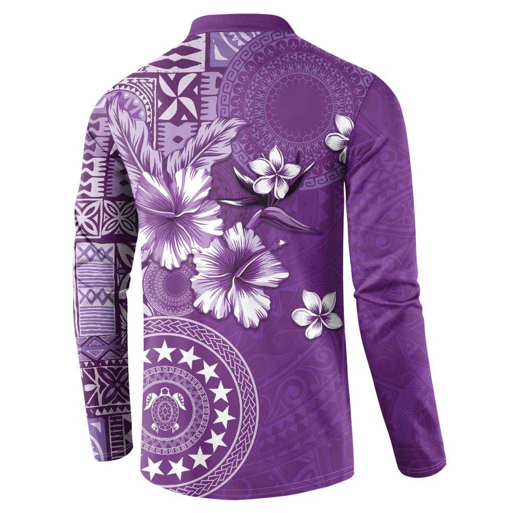 Cook Islands Button Sweatshirt Purple Hibiscus And Stars LT05 - Polynesian Pride