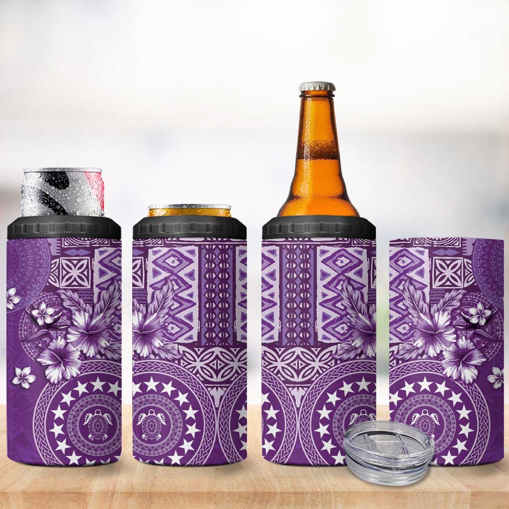 Cook Islands 4 in 1 Can Cooler Tumbler Purple Hibiscus And Stars LT05 - Polynesian Pride