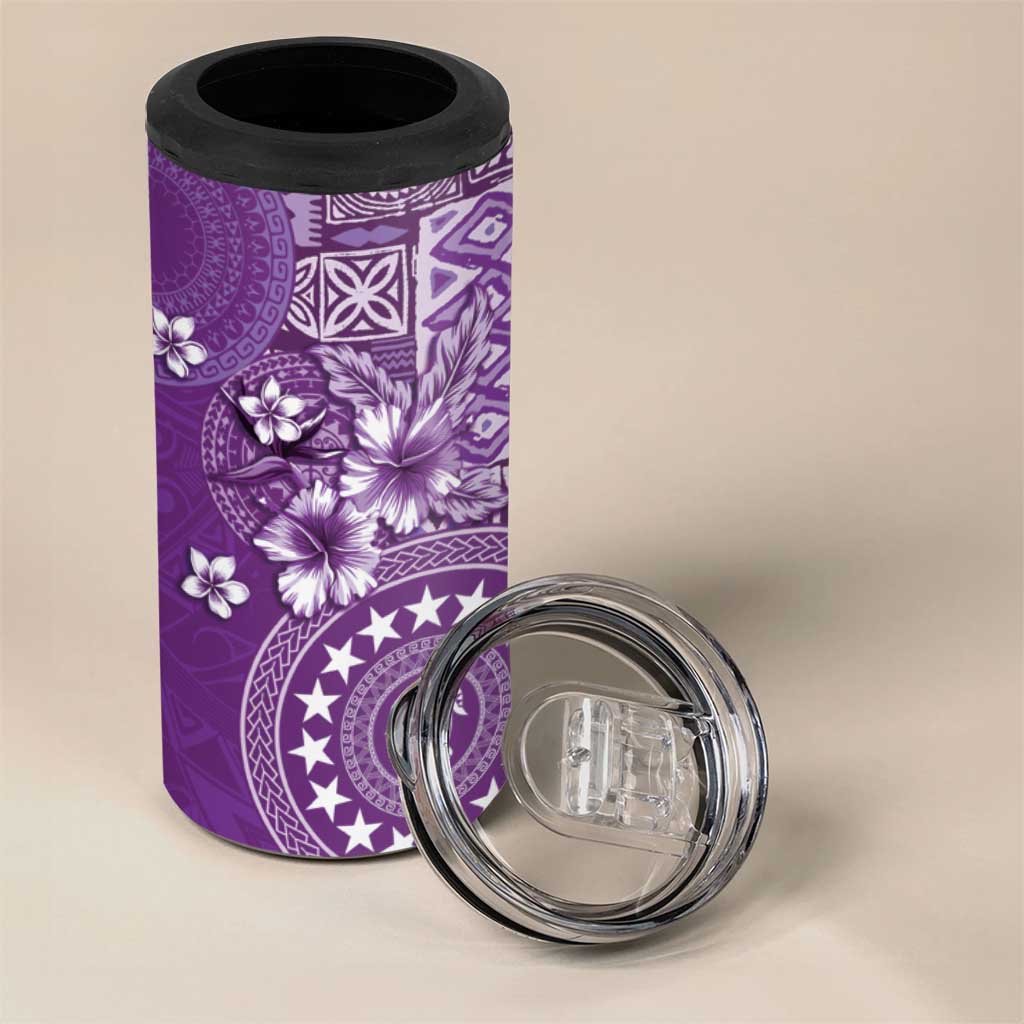 Cook Islands 4 in 1 Can Cooler Tumbler Purple Hibiscus And Stars LT05 - Polynesian Pride